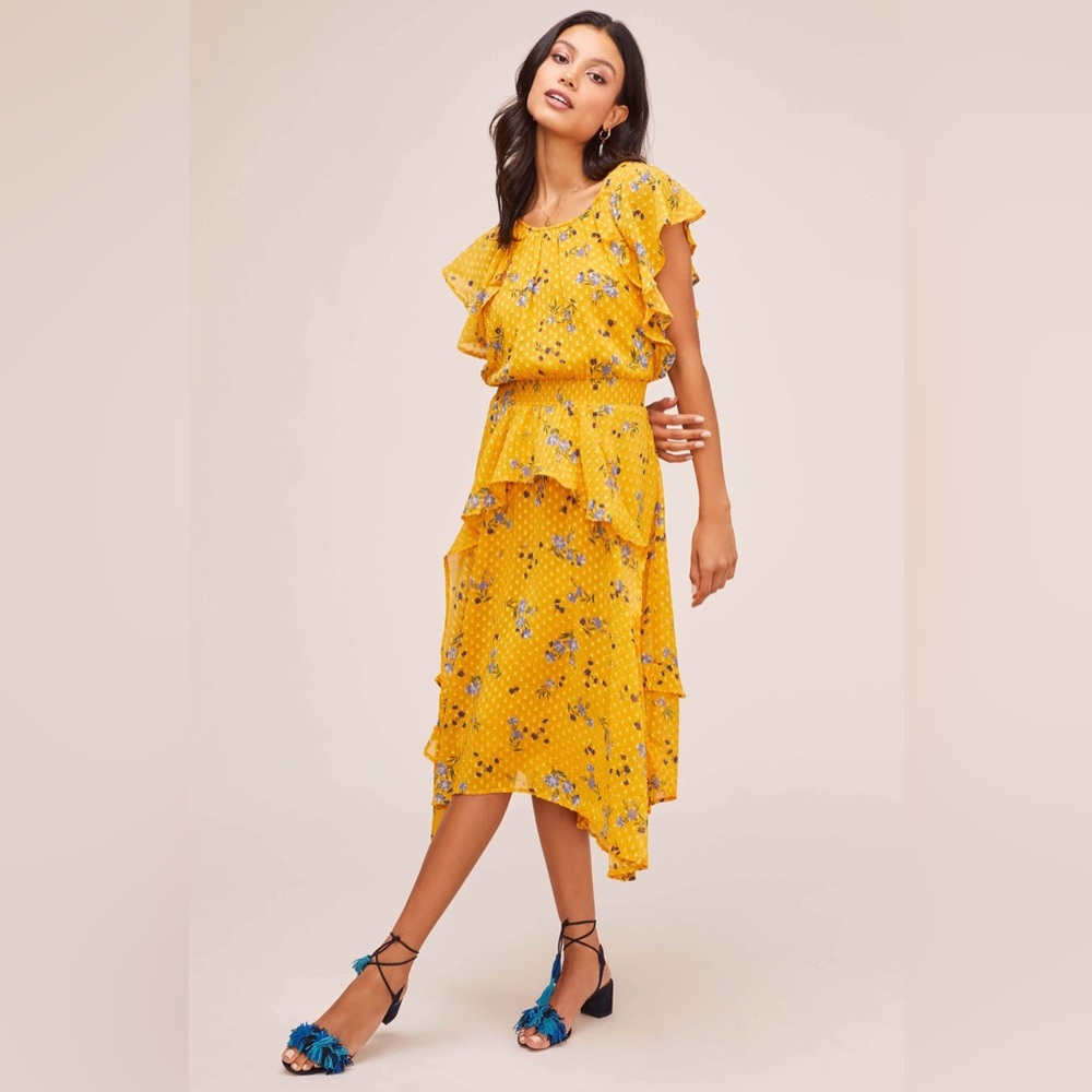 NWT ASTR Sheila Floral Ruffle Midi Dress in Marigold Multi Floral, Size Small